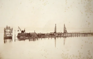 Pfahlrammen, Bau des Gantry, Blick über den Mersey nach Widnes